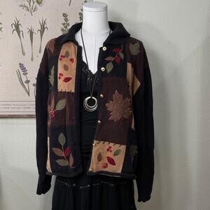 Vintage 90s Patchwork Fall Leaves Berries Cardigan Sweater Fairy Grunge Forest L